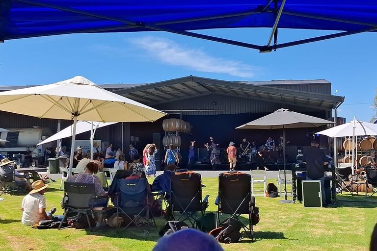 Outdoor stage at Blues in the Vines festival with live band performing while crowd relaxes under umbrellas on winery lawn.
